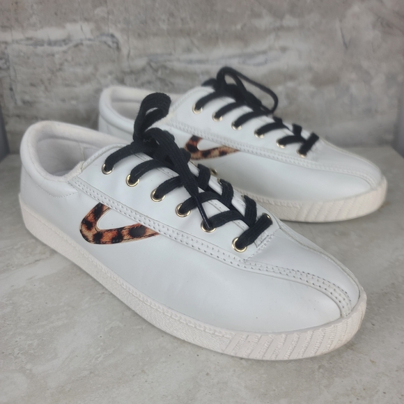 Tretorn Nylite 25 Plus White Leather & Leopard Print Lace Up Sneakers 9.5 - Picture 1 of 13